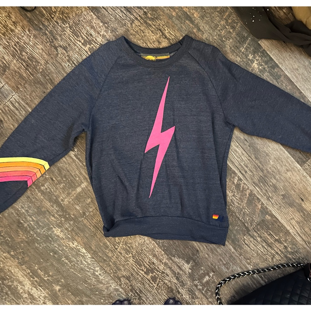 EUC Aviator Nation Blue Crew Sweatshirt with Neon Pink Bolt Size Mediun